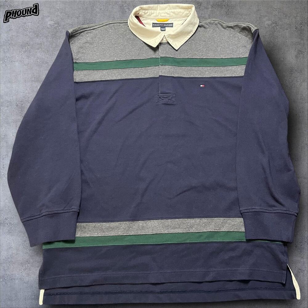 Tommy Hilfiger Shirt Mens 2XL Navy Gray Rugby Long Sleeve Flag Logo Colorblock